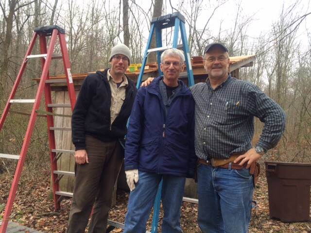 Audubon staff and volunteers repairing Pruyn bird blind roof. (L to R) Sanctuary Worker Danny Ferguson, SMRA Board Member Phil Heidelberger, Pruyn Sanctuary Lead Maintainer David Watson. Photo: SMRA/Nick Fischer